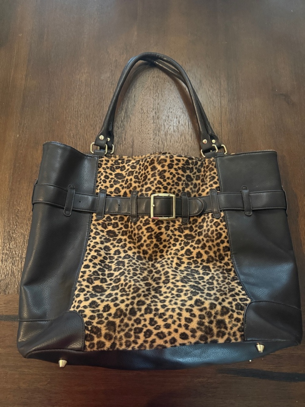 Leopard Print Faux Leather Tote Bag with Belt Accent 14 inch H x 18 in W.